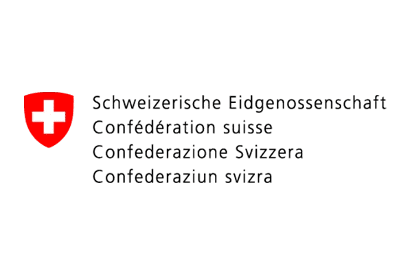 Red shield with a white cross on the left, and text in four languages (German, French, Italian, Romansh) identifying the Swiss Confederation on the right, all on a light background—often seen in audiovisual materials.