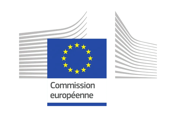 Logo of the European Commission featuring a circle of yellow stars on a blue audiovisual background, with the text Commission européenne and stylized gray lines representing a building in the background.