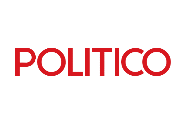The image displays the POLITICO logo, featuring the word POLITICO in bold, red, uppercase letters on a plain white background—commonly seen across its audiovisual platforms.