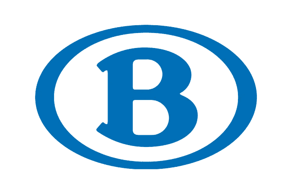 Blue capital letter B centered inside a blue oval outline on a white background, evoking an audiovisual theme.