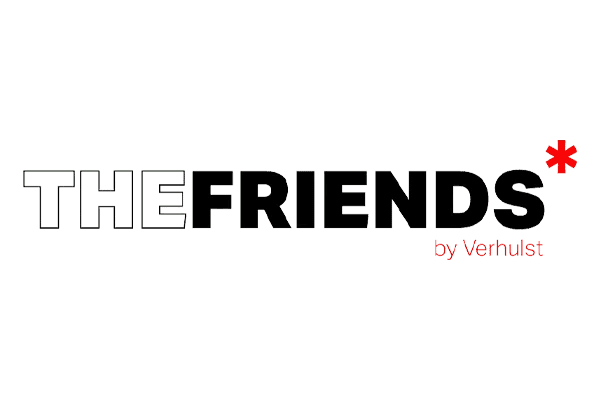 Logo with the words THE FRIENDS in bold letters; THE is outlined, FRIENDS is solid black. A large red asterisk, evoking an audiovisual flair, appears after FRIENDS, with the text by Verhulst below in smaller red letters.